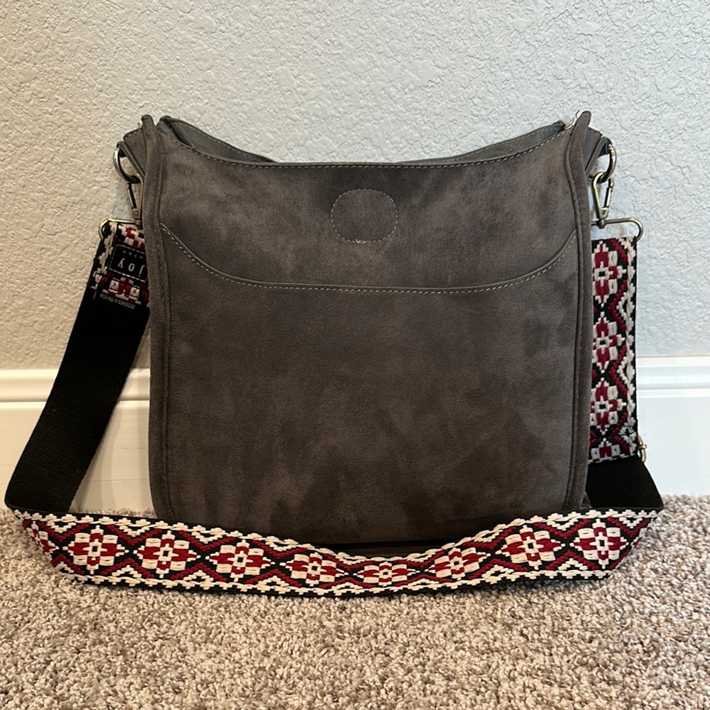 Gray and Red Shoulder Bag with Geometric Strap